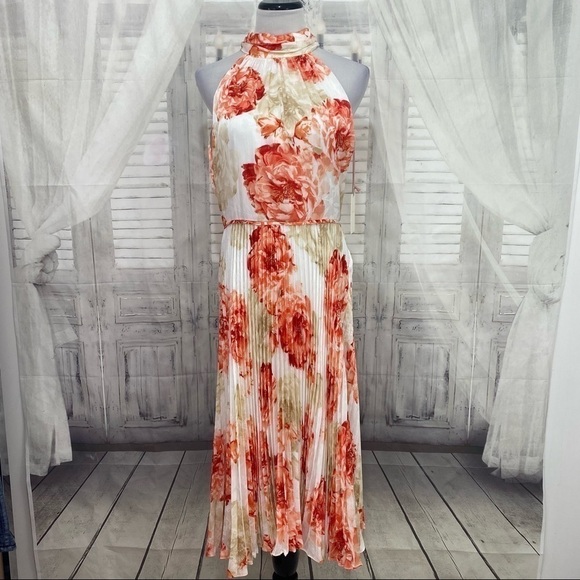 Alex Marie Red Ivory Halter Pleated Dress Midi Floral Sleeveless Fit & Flare NWT - Picture 1 of 12